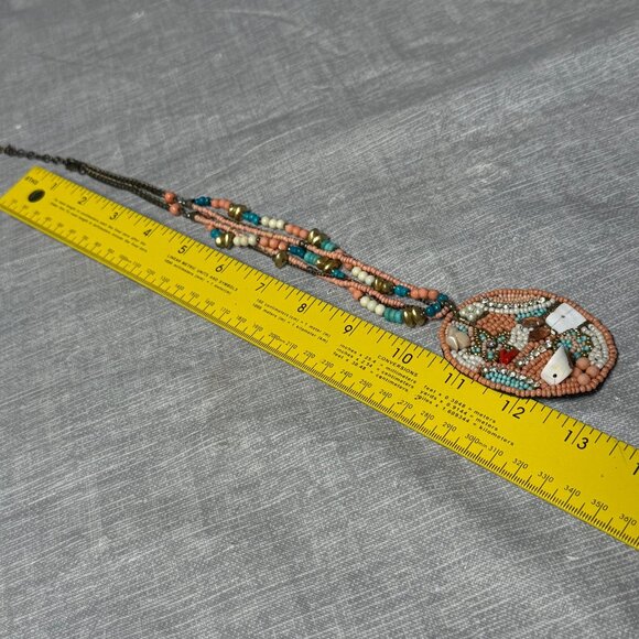 Beaded Multicolor Pendant Necklace Coral Turquoise Gold Colors Shell Accents - Picture 6 of 16